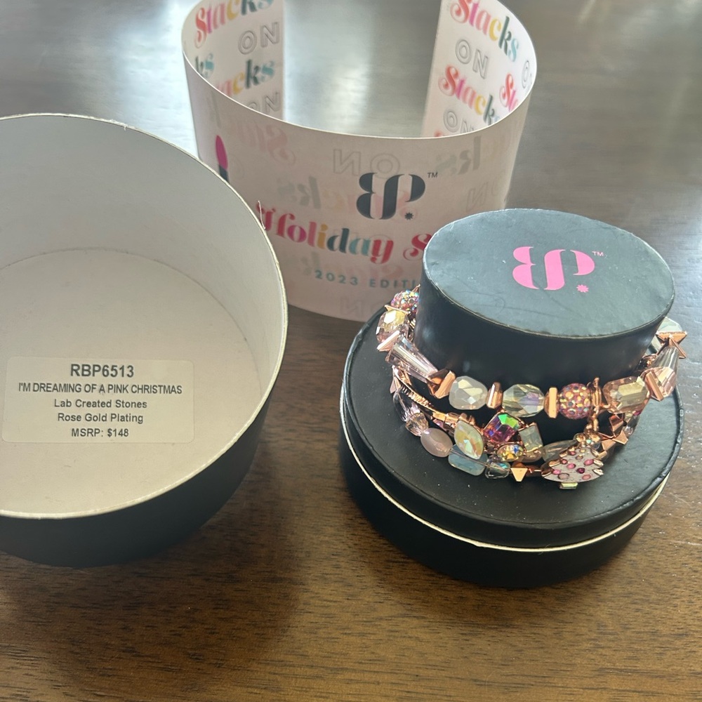 Bomb Party 2023 Holiday Stack Pink and Rose Gold Beaded Bracelet Set